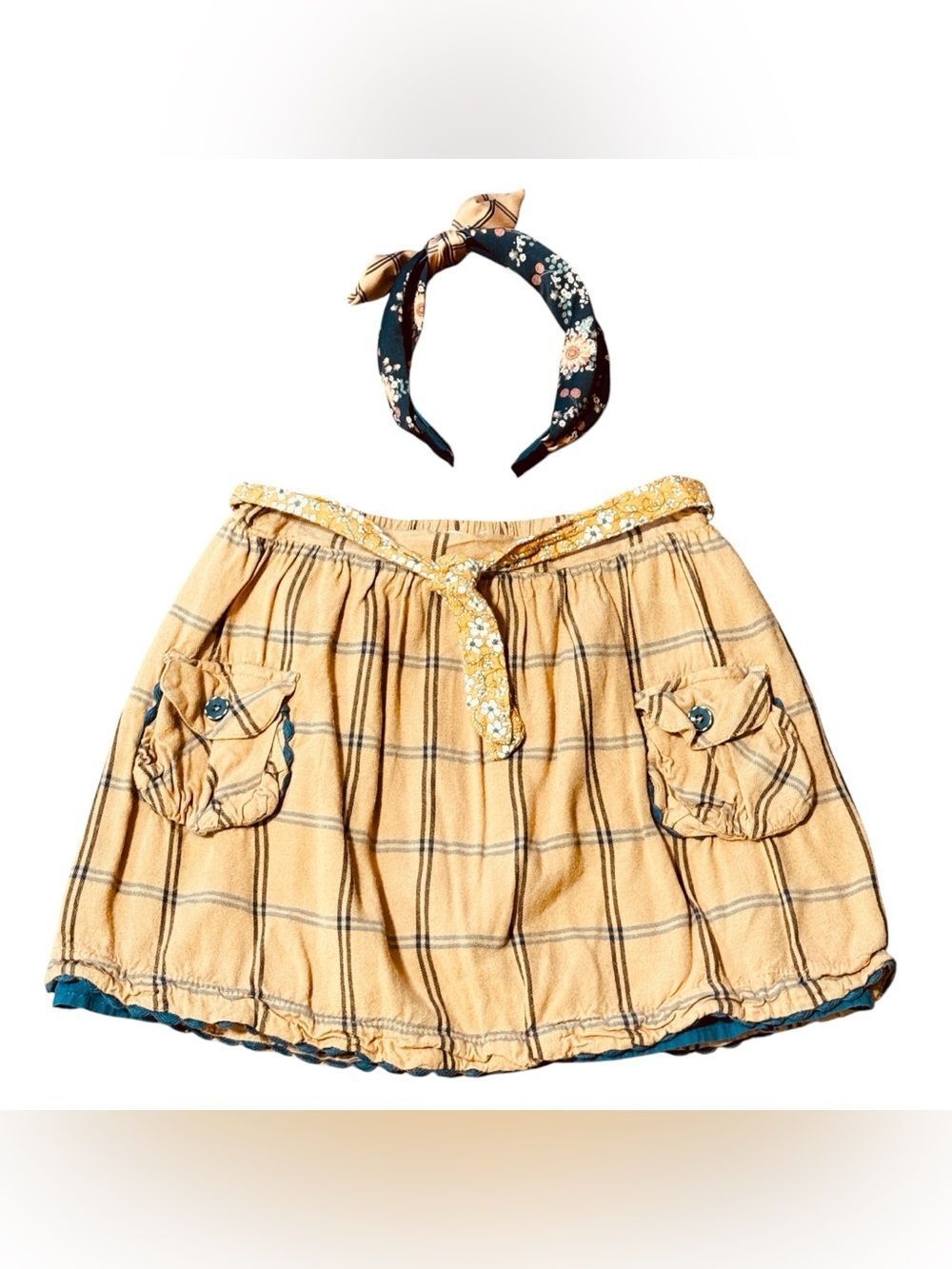 Matilda Jane Freya Skirt and Matching Headband Plaid Floral Gold Blue White 10